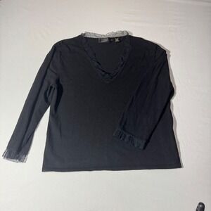 Dana Buchman XL Black V-Neck Knit Top Mesh Ruffle Trim Long Sleeve Viscose